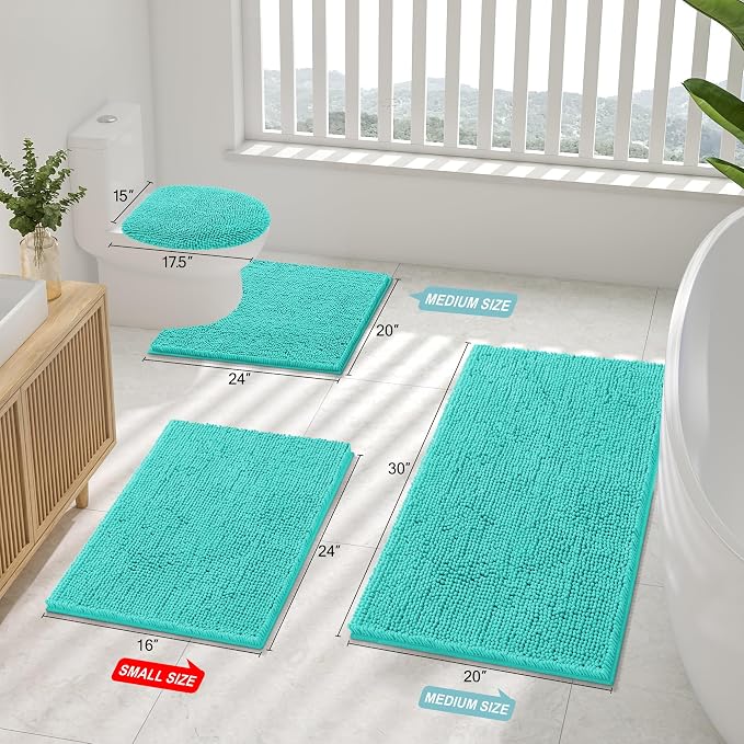 Smiry Bathroom Rugs Sets 2 Piece, Soft Absorbent Chenille Machine Washable Non Slip Shaggy Bath Rug Set for Tub, Shower, and Floor (30x20+24x16, Turquoise)