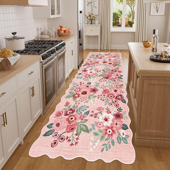 DUKINO 3x8 Washable Runner Rug, Soft Indoor Floral Non Slip Long Runner Rug for Hallways, Lightweight & Low Pile Floor Carpet for Kitchen, Entryway, Hallway, Bathroom, Laundry, Bedroom, Pink