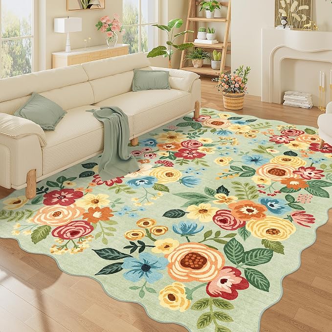 DUKINO 6x9 Area Rug, Floral Washable Rugs for Living Room with Non Slip Backing & Non-Shedding, Lightwight Low Pile Boho Design Large Carpets for Bedroom, Living Room, Dining Room, Green