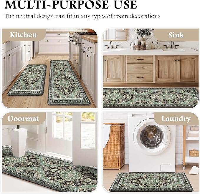 Boho Kitchen Mats for Floor 2 Piece Set Anti Fatigue Cushioned PVC Kitchen Rugs Non Slip Waterproof Farmhouse Mats 2/5 Inch Comfort Standing Mat for Sink, Laundry, 17.3"x59"+17.3"x28", Black Green