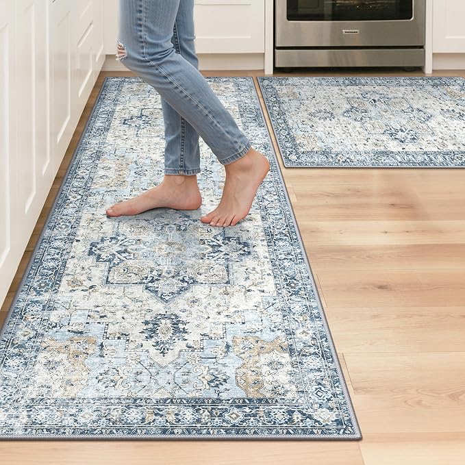 GENIMO Kitchen Rugs Non Slip Washable, 2PCS Kitchen Mats for Floor, Cushioned Standing Mat, Kitchen Runner Rug Floor Mat for Kitchen Decor, Laundry, Sink, Entryway, Home, 20"x32"+20"x59", Blue