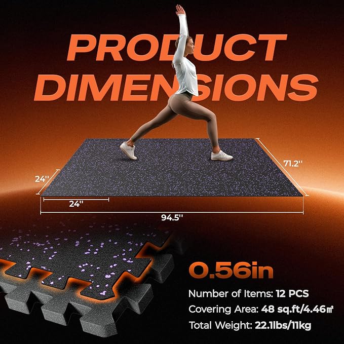 SUPERJARE 0.56'' Thick 12 Pcs 48 Sq Ft Rubber Top Exercise Equipment Mats, High Density EVA Foam Mats with Rubber Top, Interlocking Gym Flooring for Home Gym, Protective Workout Mat, Black/Purple