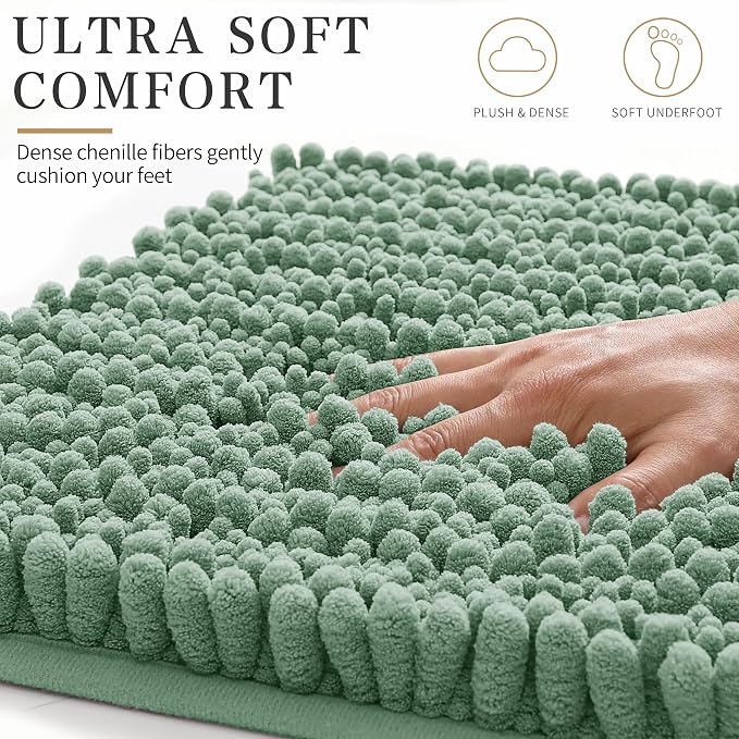 Yimobra Bathroom Rugs Non Slip Washable - Ultra Soft Absorbent Chenille Bath Mat, Quick Dry Shaggy Floor Carpet for Tub Shower, Green Home Decor Accessories, 24x17 Inch