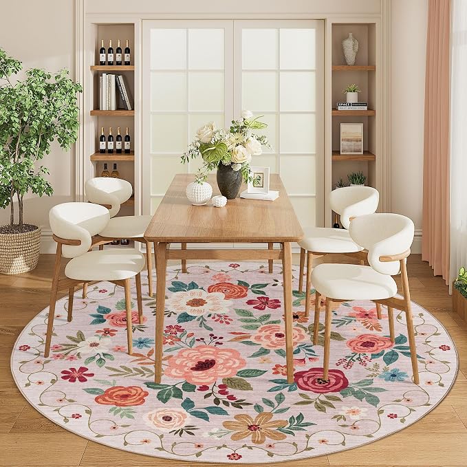DUKINO Floral Round Rug, 6ft Washable Circle Rug, Non Slip Indoor Low Pile Circle Rug, Soft Small Boho Design Carpet for Bedroom, Entryway, Living Room, Dining Room, Beige
