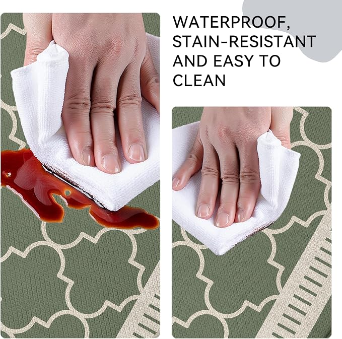Sage Green Vintage Moroccan Grid Elegance Kitchen Rug Sets [2 PCs], Anti-Fatigue, Waterproof Non-Slip Kitchen Mats Heavy Duty Comfort Foam Rug for Kitchen, Floor, Laundry,17"x29"+17"x47"