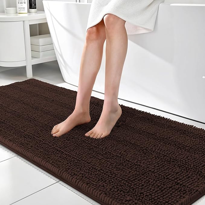 OLANLY Thick Bathroom Runner Rugs 70x24, Absorbent Chenille Striped Bath Rugs, Rubber Backing, Machine Wash Dry, Extra Long Bath Mats for Bathroom Floor, Tub and Shower, Home Decor Accessories, Brown