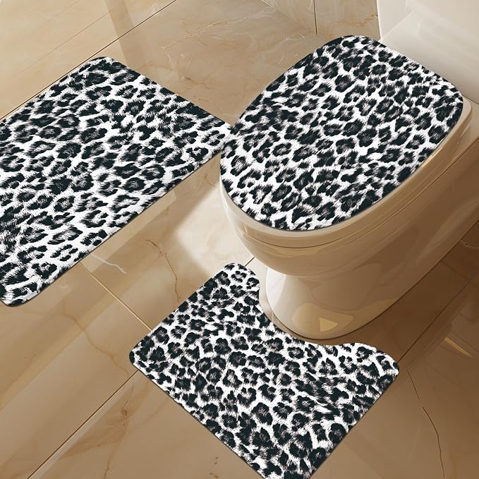 4 PCS Black Leopard Print Shower Curtain Set 72Wx72H,Toilet Lid Cover,Non-Slip Rugs and U-Shaped Mat,Wild Cheetah Bathroom Sets with Rugs Shower Accessories 12 Hooks for Bathroom Decor