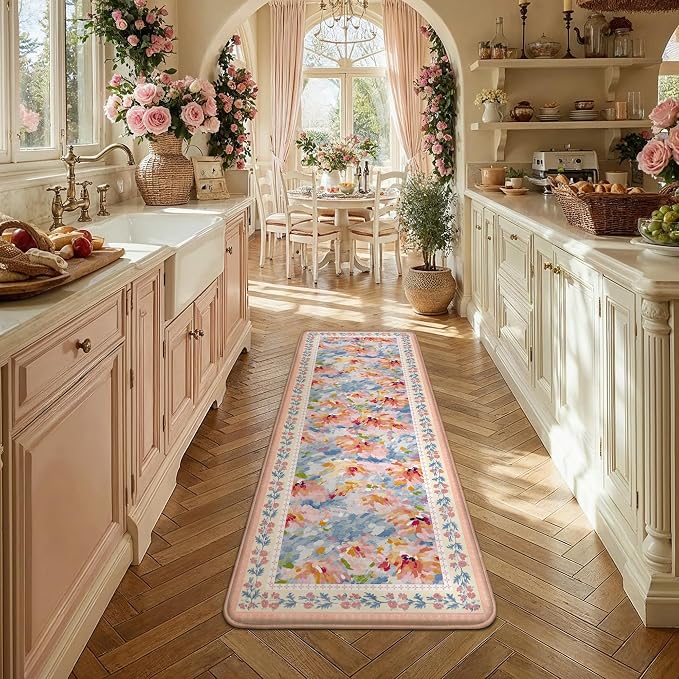 Anti Fatigue Kitchen Mats 2PCS Thick Non Slip Cushioned Rugs Pink Abstract Floral Waterproof Comfort Standing Mats for Floor Sink Laundry Office 17.3"×47"+17.3"×30"