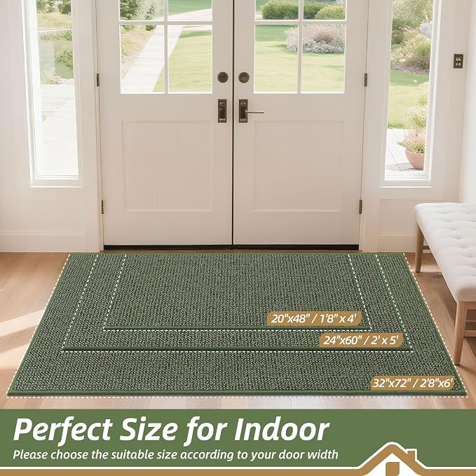 BEQHAUSE Dirt Trapper Door Mat 32" x 72", Non-Slip Washable Doormats Entrance Mat, Dirt Resistant and Absorbent Welcome Mat, Low Profile Floor Mats for Front Back Door and Entryway, Green