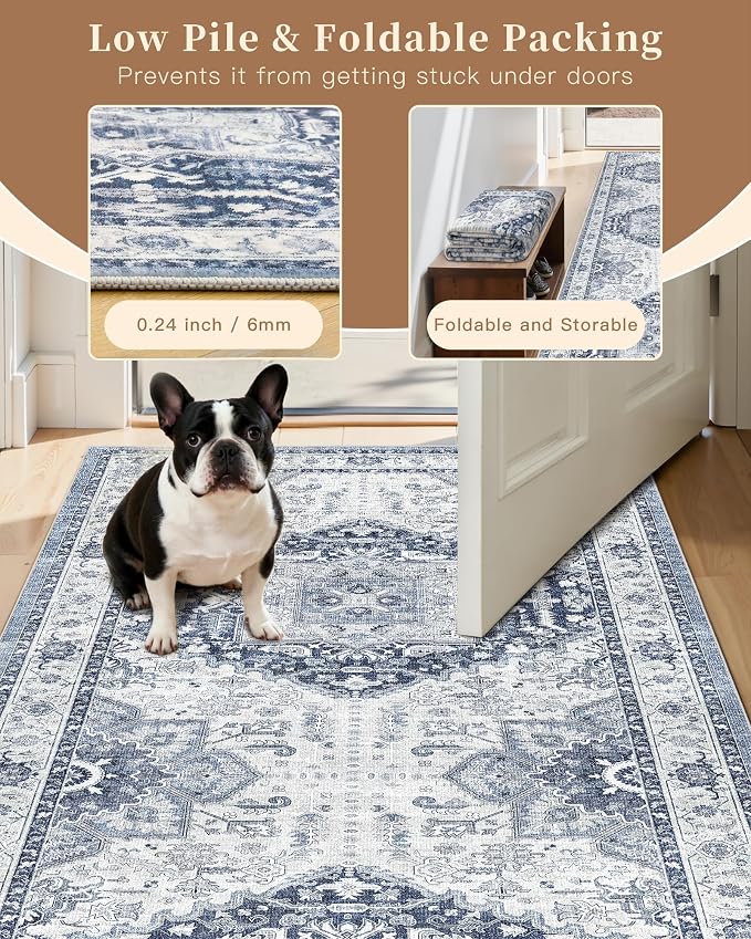 Madane Hallway Washable Runner Rug - 2x10 Kitchen Rugs Entryway Rug Runner Vintage Soft Floor Mat Non Slip Indoor Farmhouse Carpet for Bathroom Living Room Bedroom (2 X 10, Navy/White)