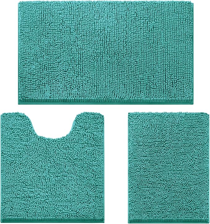 HOMEIDEAS 3 Pieces Bathroom Rugs, Ultra Soft Non Slip Absorbent Chenille Toilet Bath Mat Set (Teal)