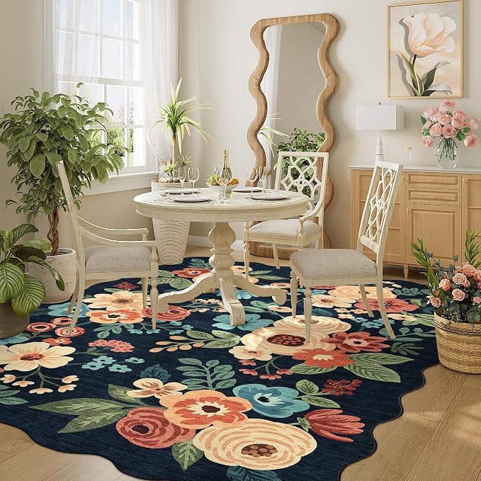 DUKINO 4x6 Area Rug, Floral Non-Slip Indoor Washable Rug with Low Pile & Non-Shedding, Lightwight Boho Design Carpet for Entryway, Bedroom, Kids Room, Living Room, Kitchen, Navy Blue