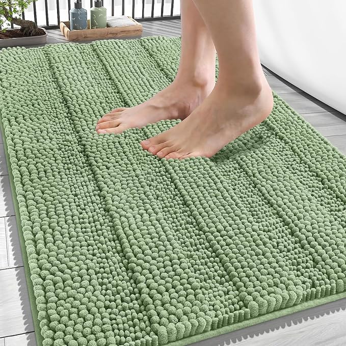 OLANLY Thick Bathroom Rugs 34x21, Extra Soft Absorbent Chenille Striped Bath Rugs, Rubber Backing, Machine Wash Dry, Bath Mats for Bathroom Floor, Tub and Shower, Home Decor Accessories, Sage Green