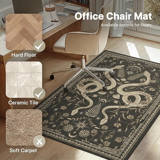 48"x72" Office Chair Mat for Hardwood Tile Floor, Under Desk Carpet Protector for Rolling Computer Chair Mat, Machine Washable Area Rug, Anti-Slip 1/5" Thick Low Pile Thin Vinyl Floor Mat, Snake