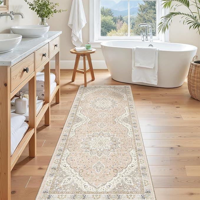 Madane Hallway Runner Rug - 2x5 Rug Runner Washable Runner Rugs Non-Slip Low-Pile Kitchen Runner Rug Laundry Room Rug Throw Carpet for Entrance Bedroom Living Room (2'x5', Pink/Gray)