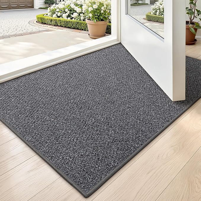 LUMI Ultra Thin Indoor Door Mat for Entrance 17"x30", Non Slip Entryway Mat, Low Profile Doormat, Unique Herringbone Design Carpet for Inside, Patio, Porch, Charcoal Gray