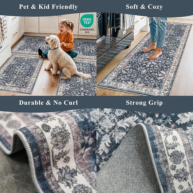 Washable Hallway Runner Rug 2x10: Non Slip Vintage Boho Carpet with Rubber Backing for Kitchen Entryway Hall Holiday Farmhouse Neutral Cream Long Runners (Blue,2'x10')