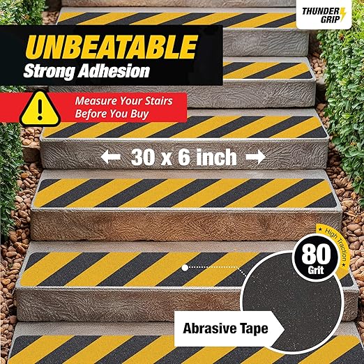 Black and Yellow Non Slip Strips for Steps 30" x 6" 15-Pack Outdoor Stair Treads - Waterproof Anti Slip Grip Tape for Safety Walk - Strong Adhesive Caution Tape for Floor and Ramps by Thunder Grip