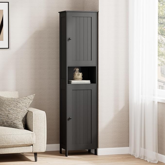 Homleke Tall Bathroom Storage Cabinet with 2 Doors, 67"H Narrow Storage Cabinet with Adjustable Shelves& Anti-Tip Design, Reversible Door Installation, Easy Assembly, 11.8 x 15.7 x 66.9 Inches, Black
