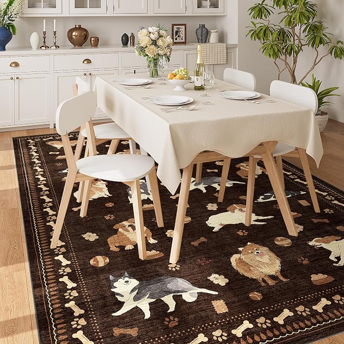 DUKINO 6x9 Rug for Living Room, Lightweight Animal Dog Print Washable Area Rug, Soft Non Slip & Low Pile Floor Mat, Stain Resistant Large Carpet for Bedroom, Nursery, Dining Room, Kids Playroom, Brown