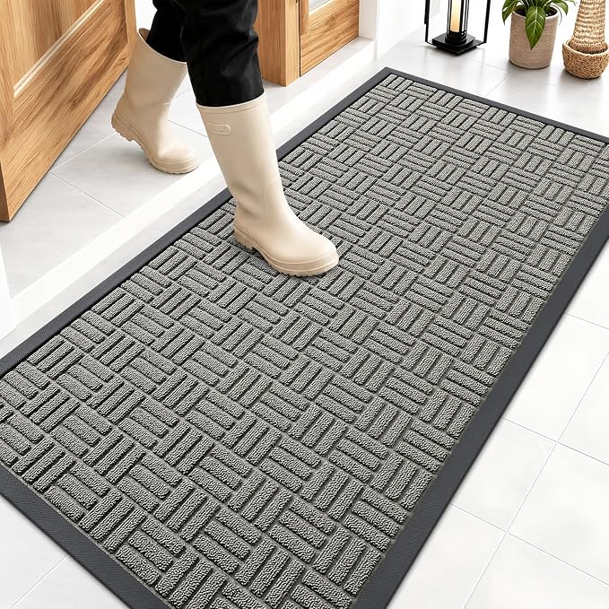 OLANLY Front Door Mat Outside Entrance 47x23, Absorbent, Heavy Duty Sturdy Natural Rubber Doormat Indoor Outdoor, Non-Slip, Stain and Fade Resistant, Low Profile Floor Mat for Entryway, Modern Gray