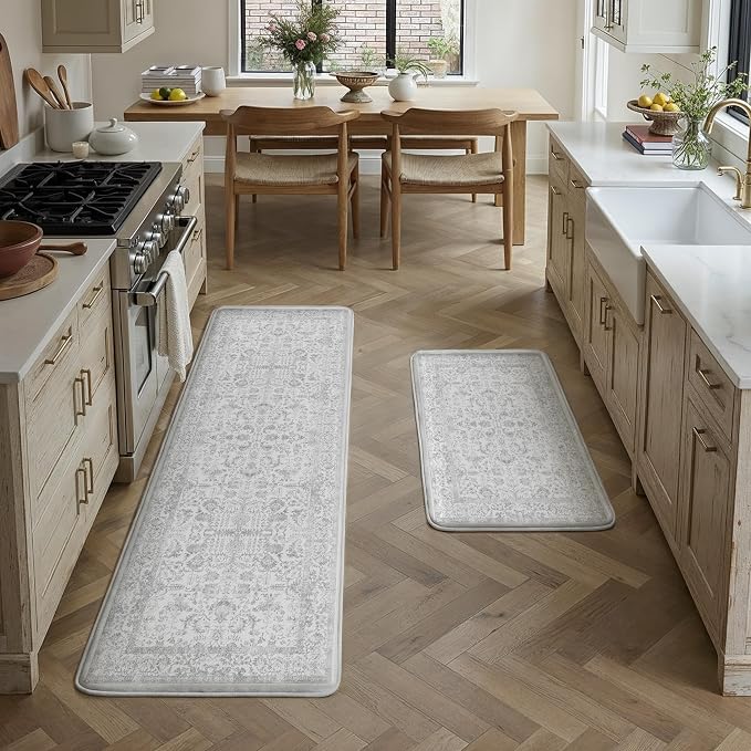 PureCozy Kitchen Mats 2PCS Anti Fatigue Cushioned Mat Gray Vintage Kitchen Mats for Floor Waterproof Non Slip Comfort Standing Grey Retro Floral Rug for Sink Laundry Office 17.3"x59"+17.3"x30"