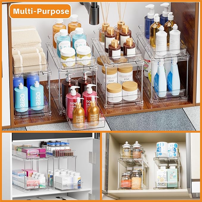 Yieach 4 Pack Under Sink Organizers and Storage,Clear Acrylic Bathroom Organizer and Cabinet Organization for Makeup,Medicine,Two Tier Pull Out Cabinet Organizer Drawers for Pantry,Vanity Storage Bins