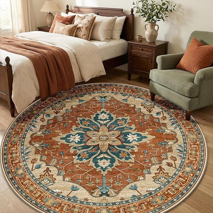RELEANY Area Rugs Round 6ft Washable Non-Slip, Floral Vintage Distress Medallion Carpet for Living Room Bedroom Dining Room, Red Orange Blue Brown