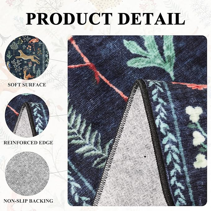 DUKINO 2x4 Rug for Hallway, Washable Kitchen Runner Rug with Non Slip Backing, Soft Low Pile Vintage Animal Runner for Bedroom, Kitchen, Hallway, Entryway, Laundry, Navy Blue