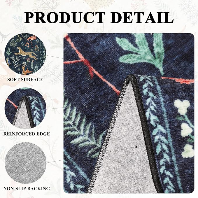 DUKINO 2x5 Rug for Hallway, Washable Kitchen Runner Rug with Non Slip Backing, Soft Low Pile Vintage Animal Runner for Bedroom, Kitchen, Hallway, Entryway, Laundry, Navy Blue