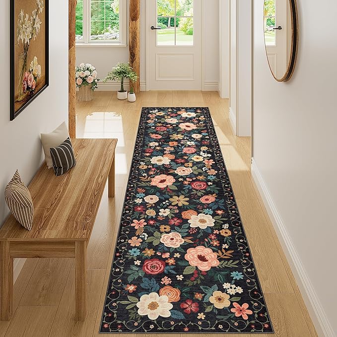 DUKINO 2x8 Runner Rug for Hallway, Washable Kitchen Runner Rug with Rubber Backing Non Slip, Low Pile Soft Boho Floral Thin Carpet for Entryway, Hallway, Bathroom, Laundry Room, Black