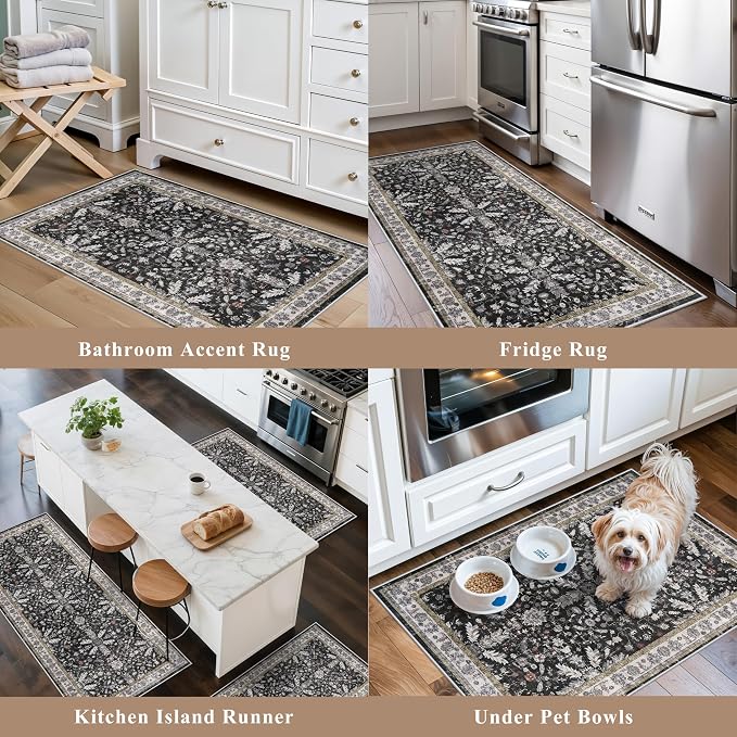 3-Piece Washable Kitchen Rug Set of 3 with Runner – Non-Slip Boho Kitchen Mats for Hardwood Floor, Sink & Entryway & Bathroom, Home Decor (Black,2x3+2x4+2x5)