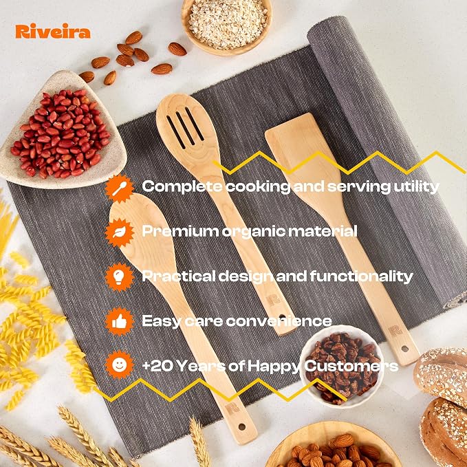 Riveira Maple Wooden Spoons for Cooking Set of 3 – Natural Maple Wooden Cooking Utensils, Wooden Spatula, Wooden Spoon - Premium Quality Utensil Set for Non-Toxic Cooking