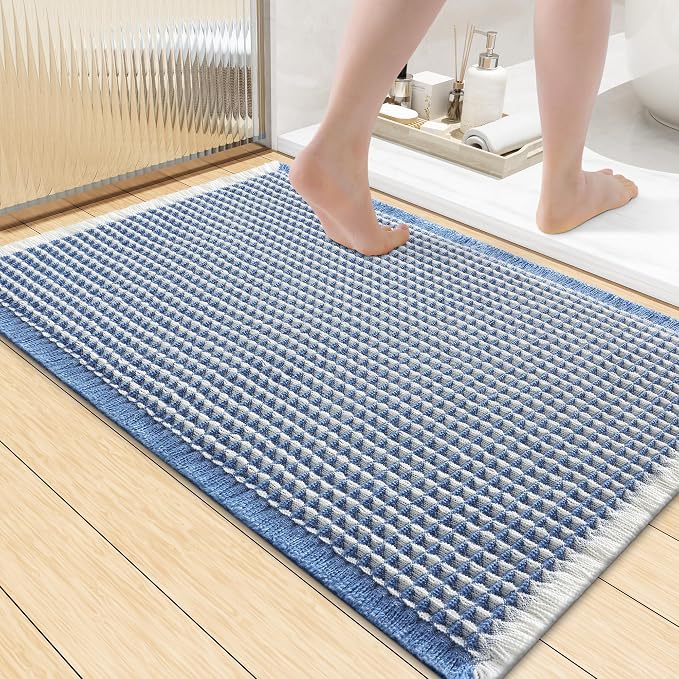 Smiry Waffle Bath Mat 36x24, Extra Soft Absorbent Bathroom Rugs, Non Slip Machine Washable Quick Dry Bath Rugs for Bathroom Floor, Tub, Shower, Home Decor Accessories, Blue & Cream