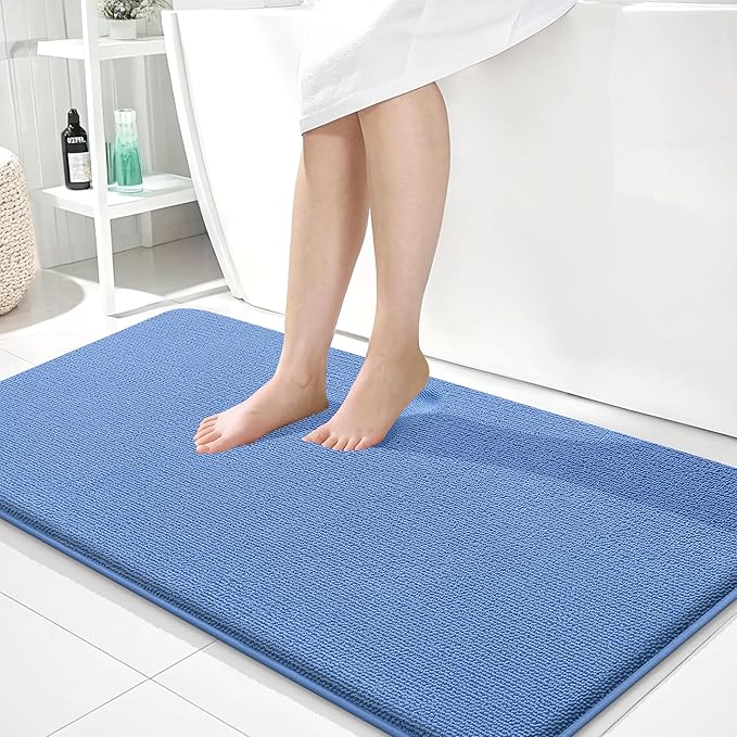 OLANLY Thick Memory Foam Bathroom Runner Rugs 44x24, Extra Soft Absorbent Long Bath Mats, Quick Dry, Non-Slip, Machine Washable Bath Mat for Tub and Shower, Home Decor Accessories, Cornflower Blue