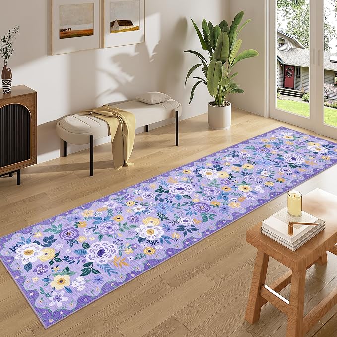 DUKINO 2x8 Runner Rug for Hallway, Washable Kitchen Runner Rug with Rubber Backing Non Slip, Low Pile Soft Boho Floral Thin Carpet for Entryway, Hallway, Bathroom, Laundry Room, Purple