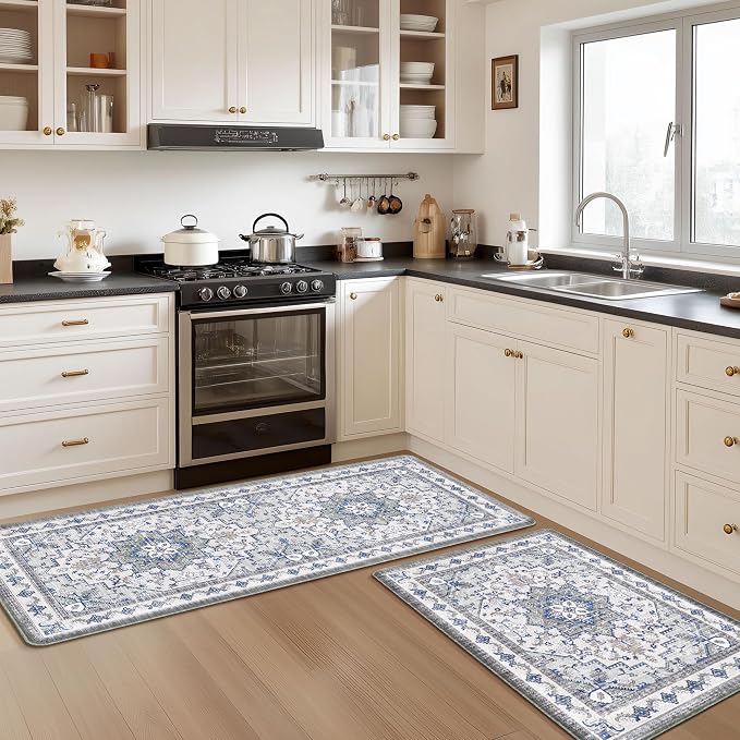 Boho Kitchen Mats for Floor 2 Piece Set Anti Fatigue Cushioned PVC Kitchen Rugs Non Slip Waterproof Farmhouse Mats 2/5 Inch Comfort Standing Mat for Sink, Laundry, 23.6"x39"+23.6"x59",C2