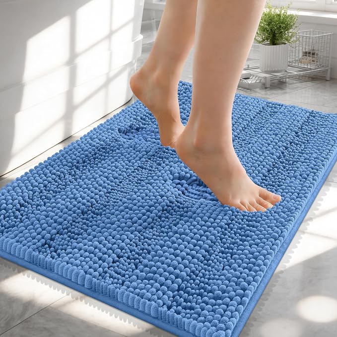 OLANLY Thick Small Bathroom Rugs 24x16, Extra Absorbent Chenille Striped Bath Rugs, Rubber Backing, Machine Wash, Bath Mats for Bathroom Floor, Tub and Shower, Home Decor Accessories, Cornflower Blue