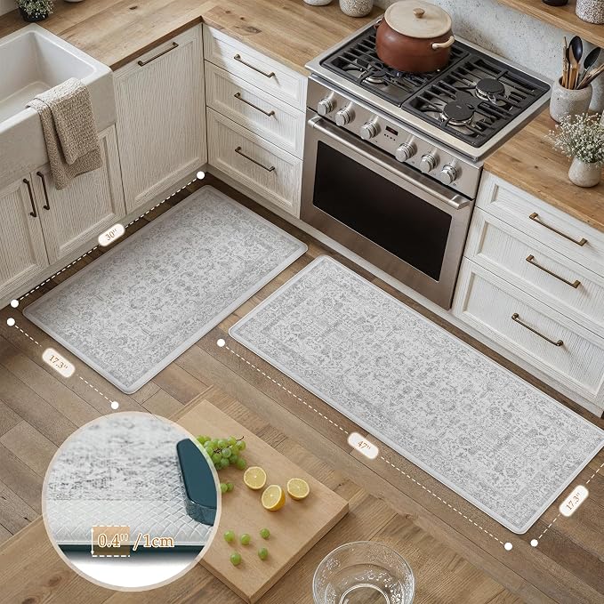 PureCozy Kitchen Mats for Floor Anti Fatigue Cushioned Gray Vintage Kitchen Mats Waterproof Non Slip Comfort Standing Grey Retro Floral Runner Rug for Sink Laundry Office Bathroom 17.3"x47"