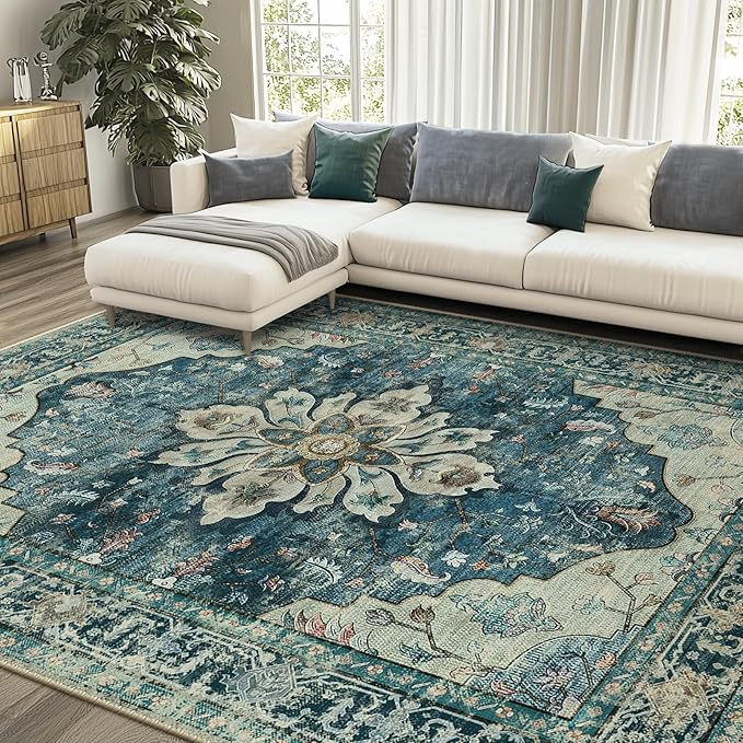 RELEANY Area Rugs Large 9'x12' Washable Non-Slip, Floral Vintage Distress Medallion Carpet for Living Room Bedroom Dining Room, Dark Blue Vintage