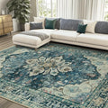 RELEANY Area Rugs 8'x10' Washable Non-Slip, Floral Vintage Distress Medallion Carpet for Living Room Bedroom Dining Room, Dark Blue Vintage