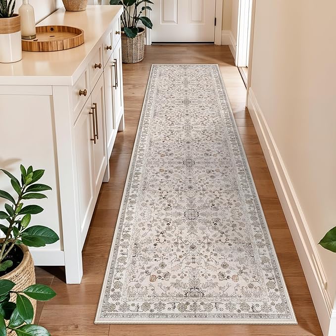 2x8ft Kitchen Runners Rugs Non Skid Washable – Boho Floral Stain-Resistant Low-Pile Carpet Runner for Hallway, Bathroom, Bedroom, Entryway (Beige, 2x8)