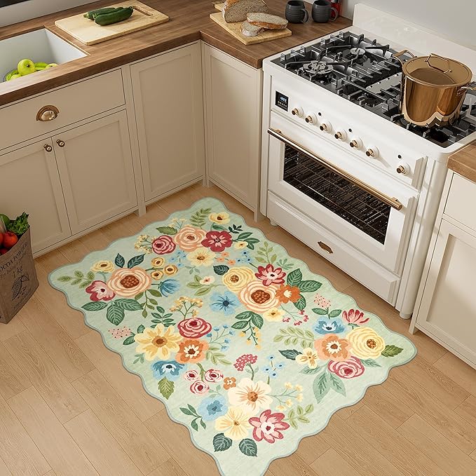 DUKINO 2x3 Entryway Rug, Floral Washable Indoor Door Mat with Non-Slip Backing, Soft Low Pile Small Front Door Throw Rugs for Entryway, Kitchen, Bedroom, Laundry, Bathroom, Green
