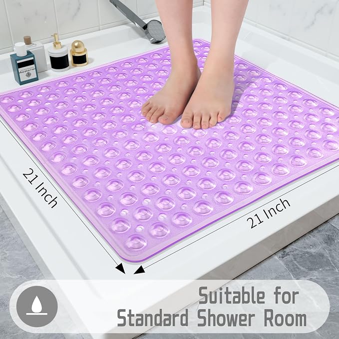 Yimobra Shower Stall Mat Non Slip, 21x21 Inch, Soft Square Bath Mat for Shower with Suction Cups and Drain Holes, Stall Floor Mats for Bathroom, Machine Washable, Bathroom Accessories, Clear Purple