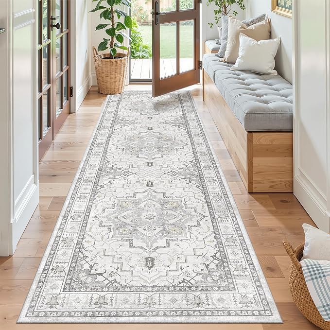Madane Runner Rug 2'6''x8' Kitchen Runner, Hallway Runner Printed Vintage Rug 2.5x8ft Washable Rugs Soft Non-Slip Low Pile Runners for Hallways Laundry Room Rug, Grey