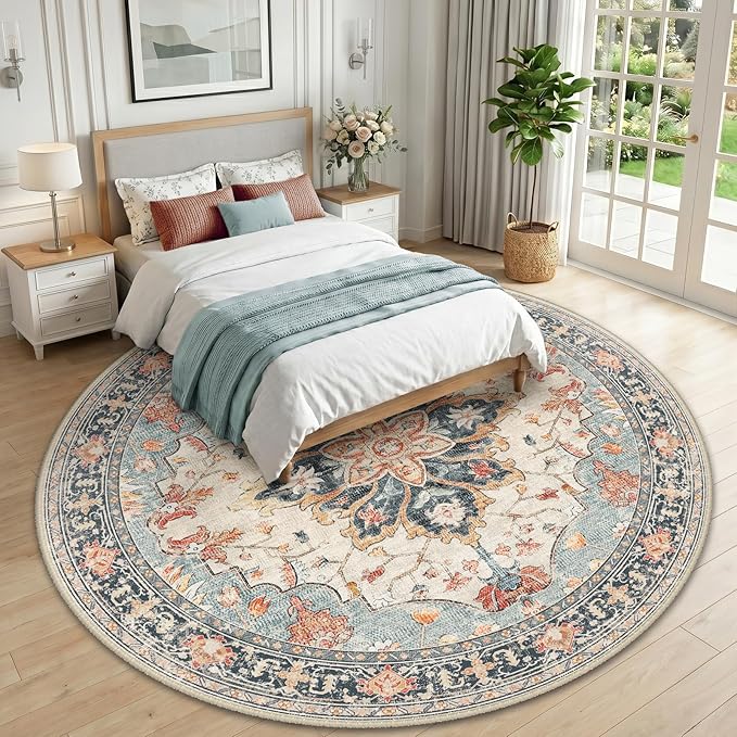 RELEANY Area Rugs Round 10ft Washable Non-Slip, Floral Vintage Distress Medallion Carpet for Living Room Bedroom Dining Room, Beige Navy Blue Orange Colorful