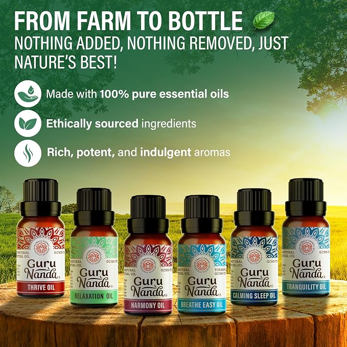 GuruNanda Essential Oil Blends – 6 Pack (10mL Each), Breathe Easy, Tranquility, Relaxation, Harmony, Calming Sleep & Thrive, Natural Aromatherapy Oils for Diffuser, Wellness & DIY
