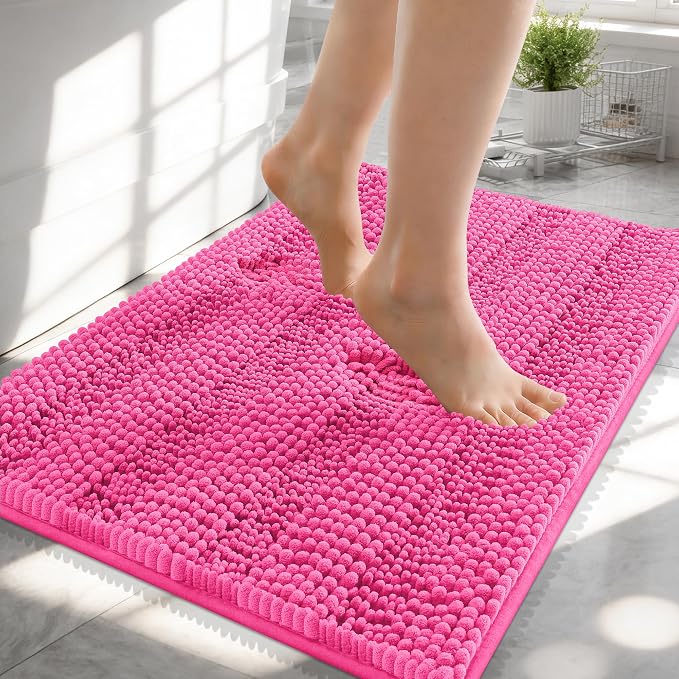 OLANLY Thick Small Bathroom Rugs 24x16, Extra Soft Absorbent Chenille Striped Bath Rugs, Rubber Backing, Machine Wash, Bath Mats for Bathroom Floor, Tub and Shower, Home Decor Accessories, Hot Pink