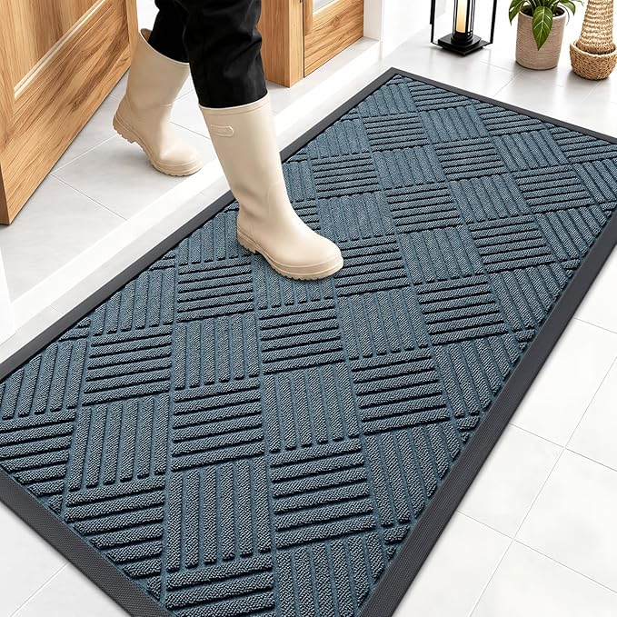 OLANLY Front Door Mat Outside Entrance 47x23, Absorbent, Heavy Duty Sturdy Natural Rubber Doormat Indoor Outdoor, Stain Fade Resistant, Non-Slip Low Profile Floor Mat for Entryway, Lake Blue Diamond
