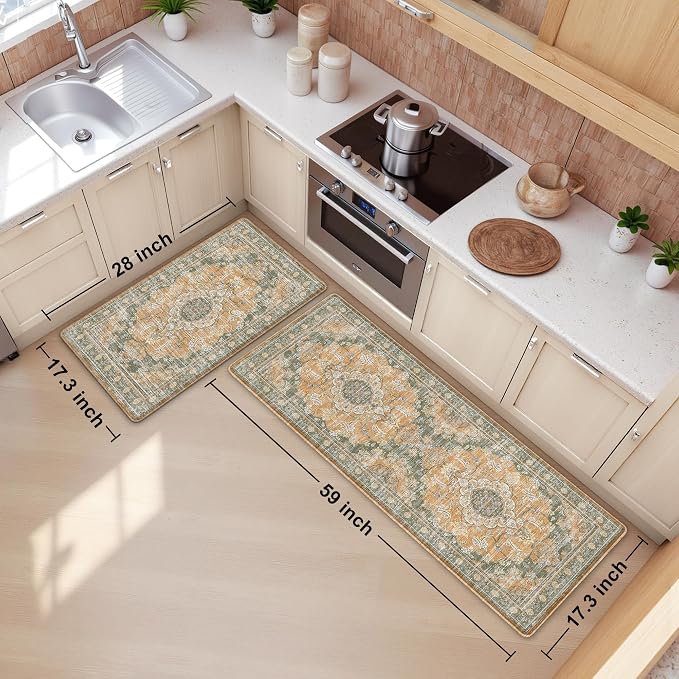 Boho Kitchen Mats for Floor 2 Piece Set Anti Fatigue Cushioned PVC Kitchen Rugs Non Slip Waterproof Farmhouse Mats 2/5 Inch Comfort Standing Mat for Sink, Laundry, 17.3"x59"+17.3"x28", Green Orange
